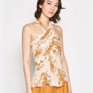 NWT Joie Damien Floral Halter Silk Top in Cream and Gold Size 10